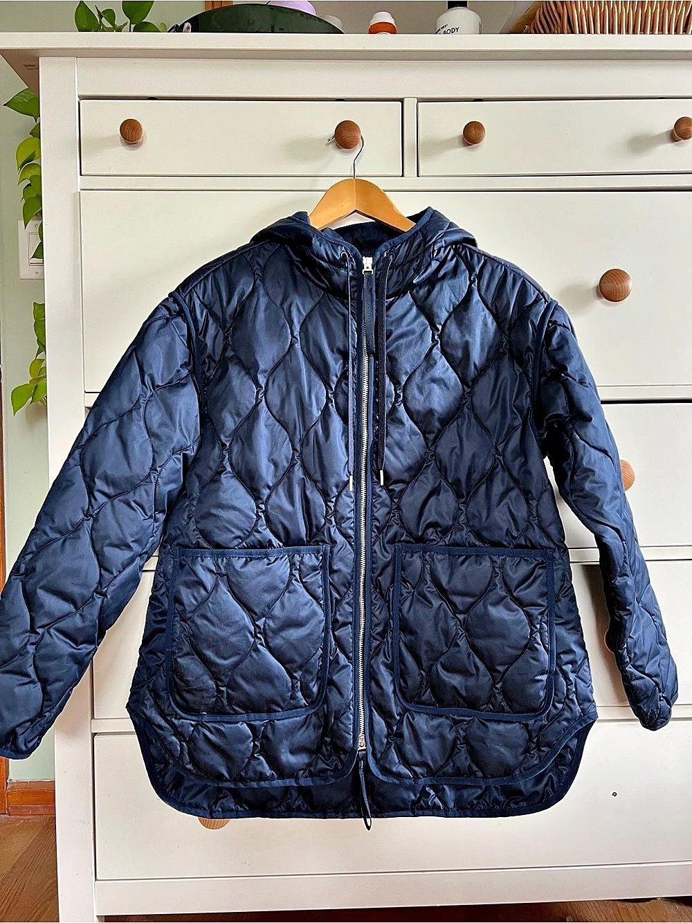 Everlane The ReNew Quilted Hooded Liner Puffer Jacket in Blue